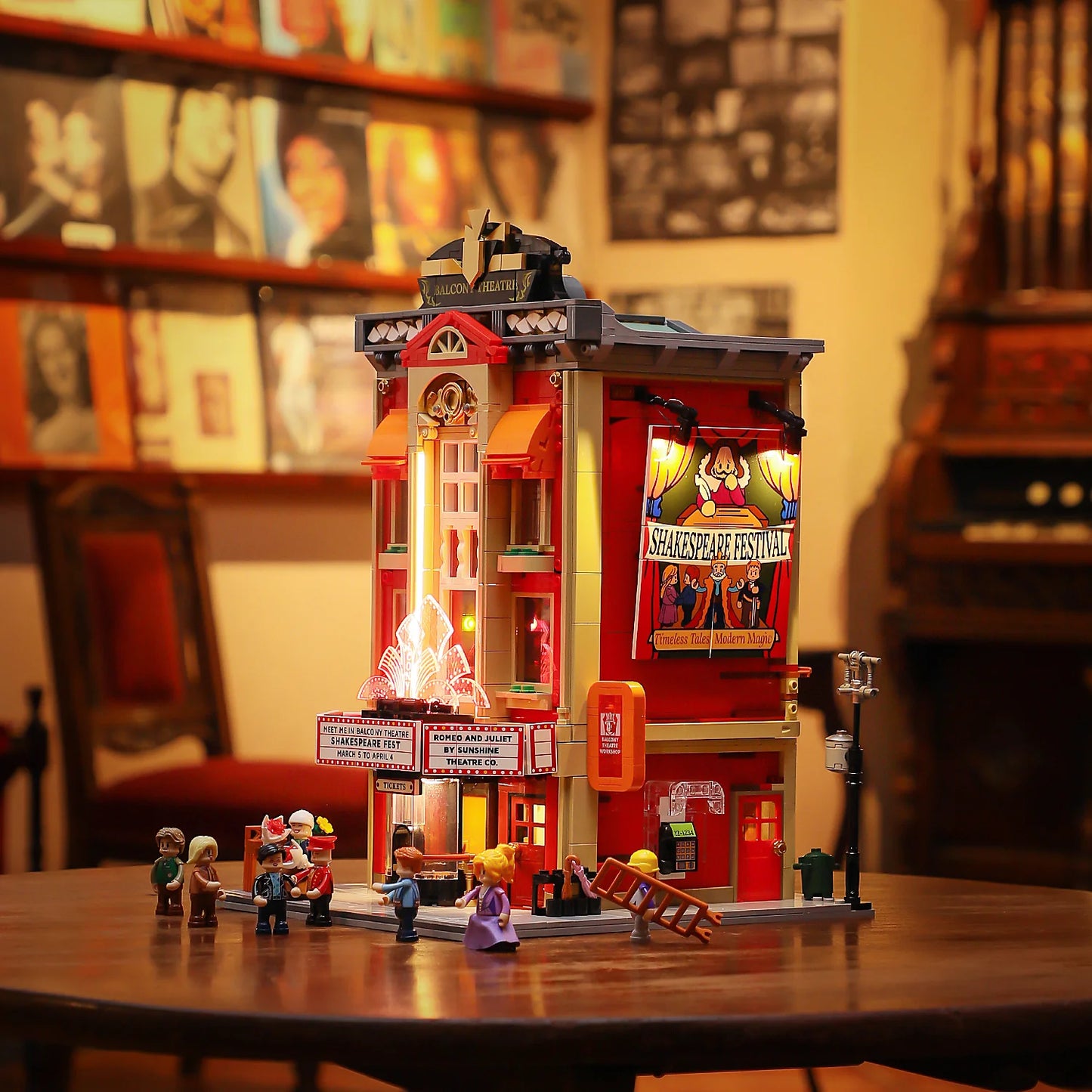 Lumibricks (Formerly Funwhole) F9056 Balcony Theatre modular building with LED lights, marquee, minifigures, and Shakespeare Festival sign
