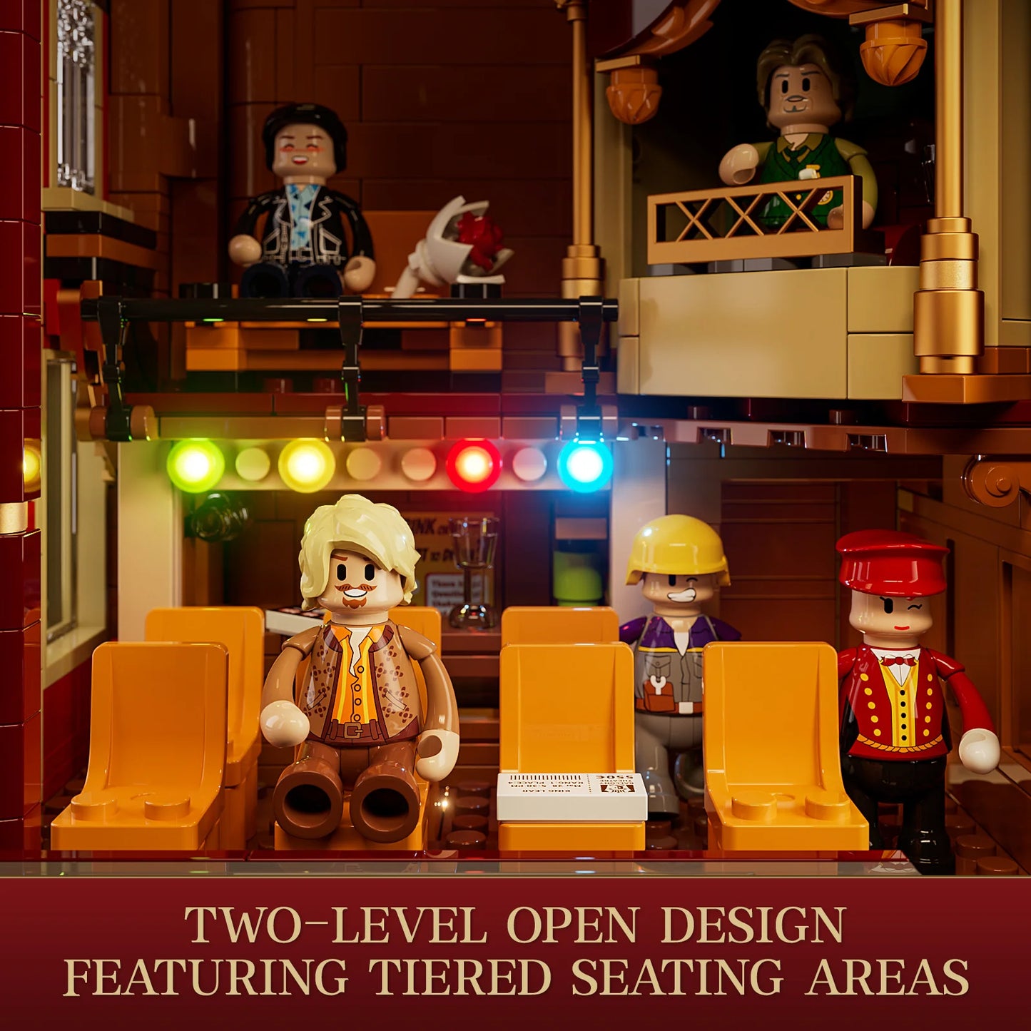 Lumibricks (Formerly Funwhole) F9056 Balcony Theatre interior with two-level open design, tiered seating, minifigures, and stage lights