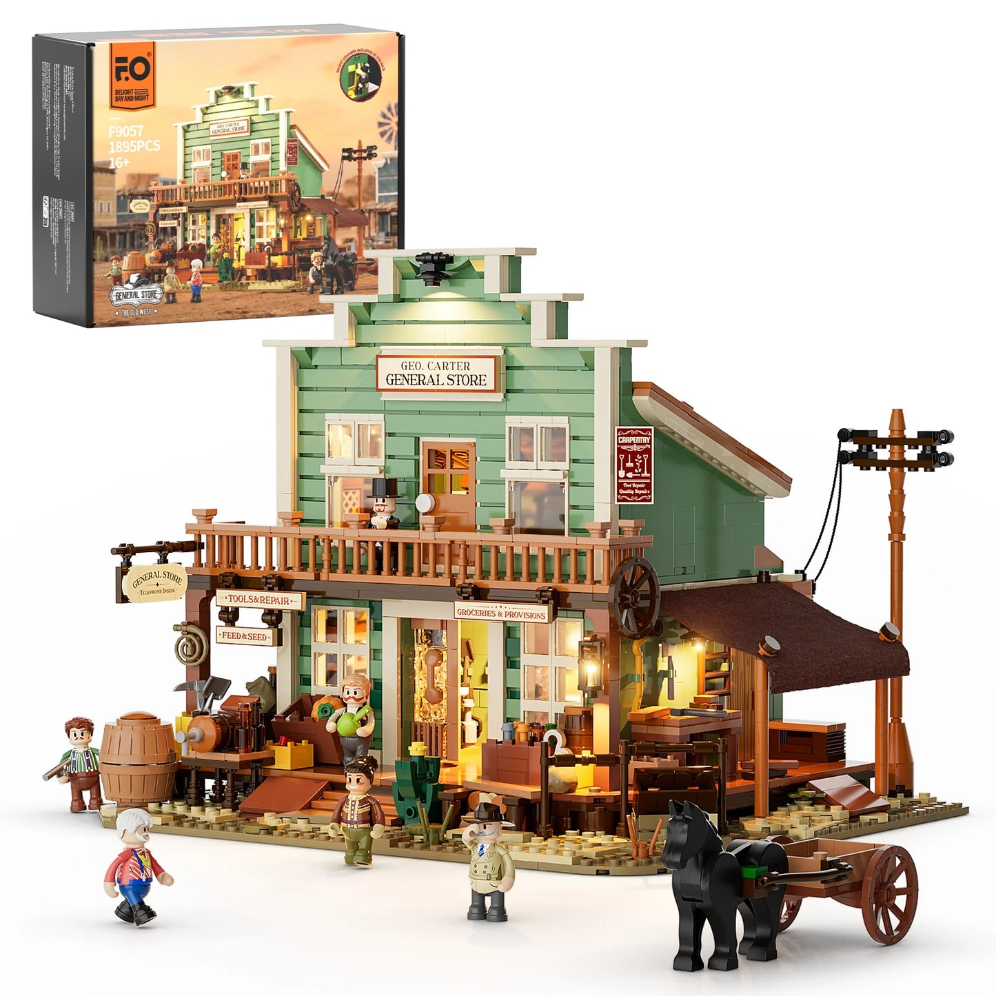 Lumibricks (Formerly Funwhole) F9057 General Store set with box, modular building, minifigures, horse, and detailed Western facade
