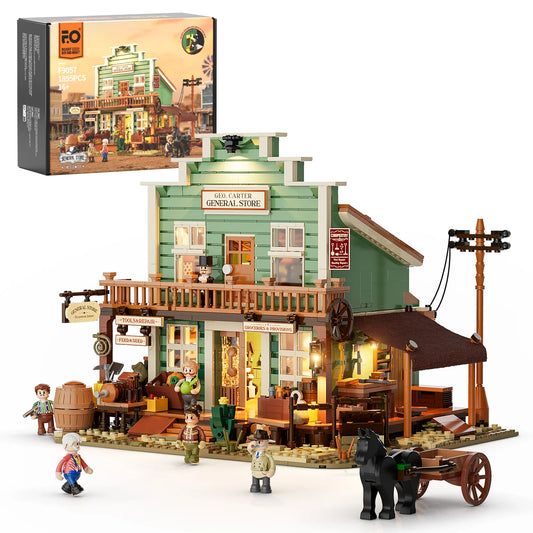 Lumibricks (Formerly Funwhole) F9057 General Store set with box, modular building, minifigures, horse, and detailed Western facade
