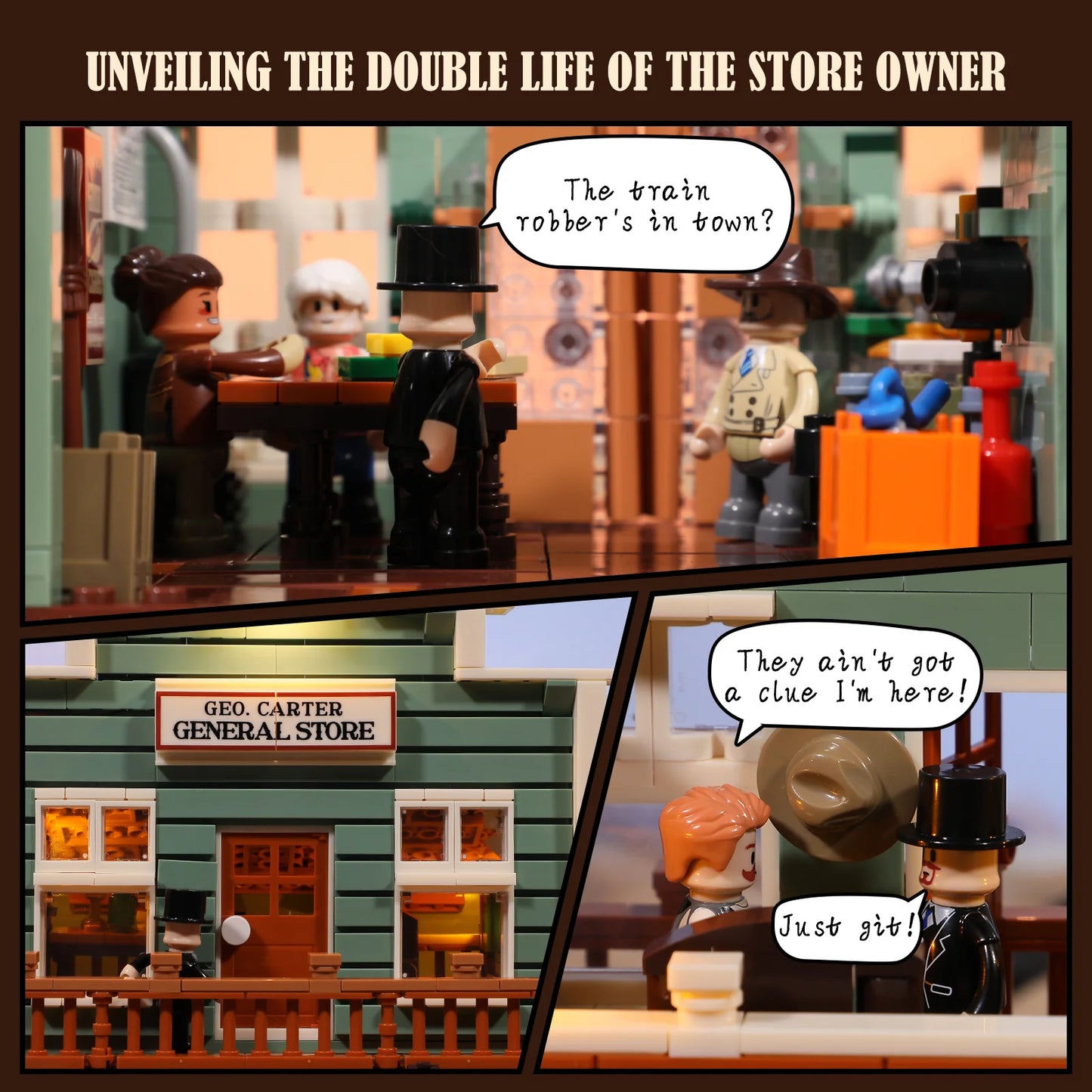 Lumibricks (Formerly Funwhole) F9057 General Store comic-style scenes with minifigures revealing the store owner's secret life