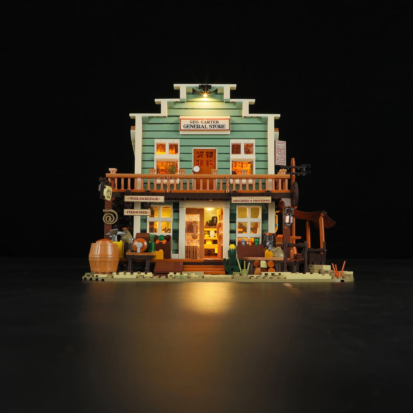Lumibricks (Formerly Funwhole) F9057 General Store modular building with LED lights, Western facade, and detailed storefront