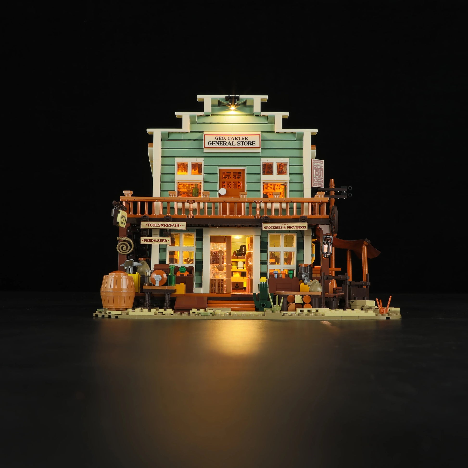 Lumibricks (Formerly Funwhole) F9057 General Store modular building with LED lights, Western facade, and detailed storefront