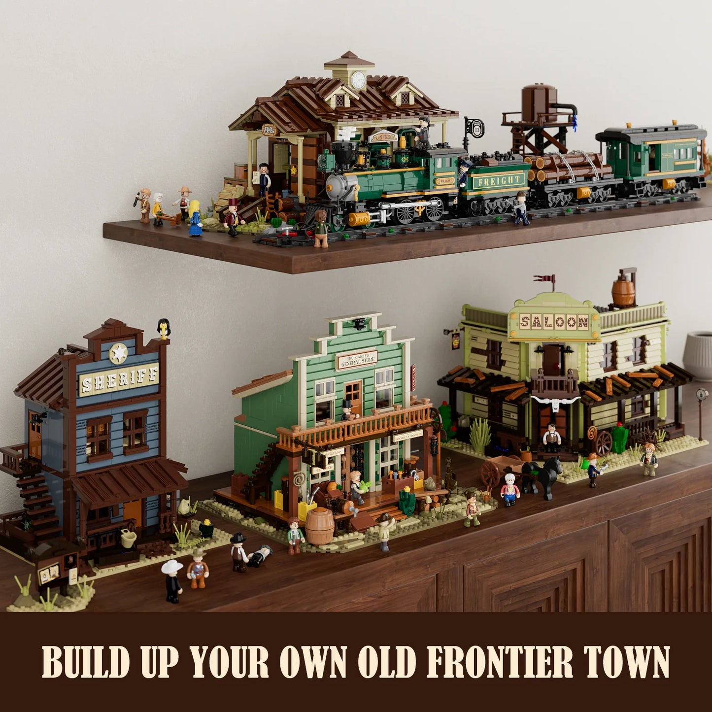 Lumibricks (Formerly Funwhole) F9057 General Store displayed with Western town buildings, train station, saloon, and sheriff's office