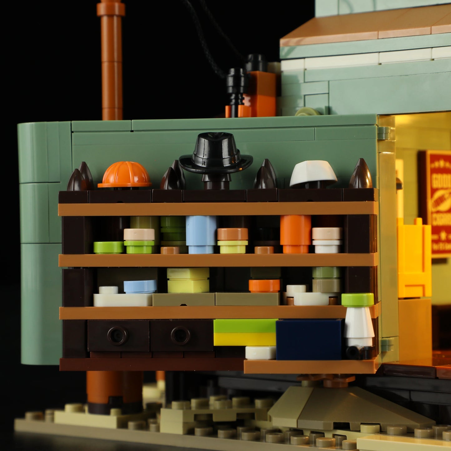 Lumibricks (Formerly Funwhole) F9057 General Store hat shelf with colorful hats, accessories, and Western shop details