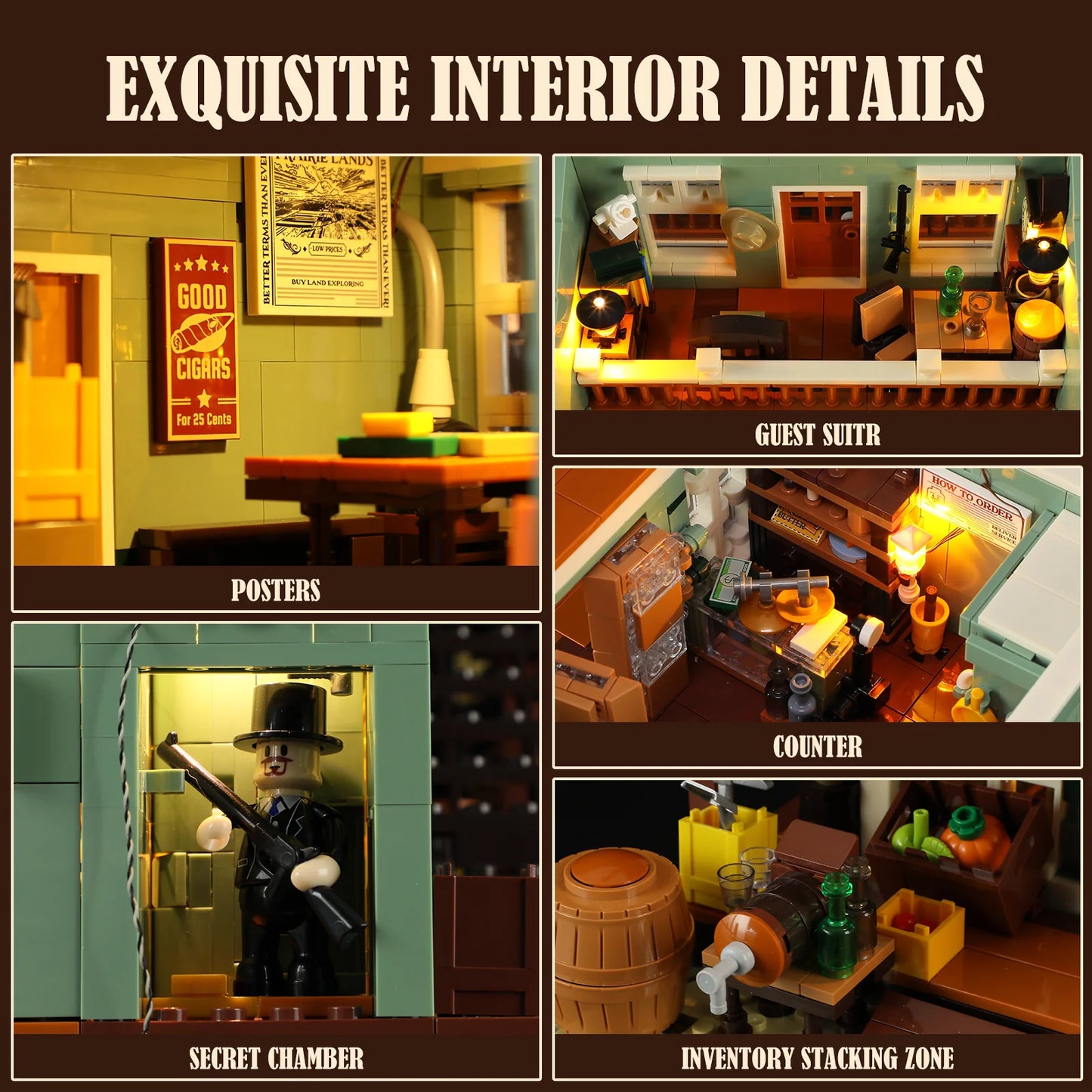 Lumibricks (Formerly Funwhole) F9057 General Store interior with posters, secret chamber, guest suite, counter, and inventory zone