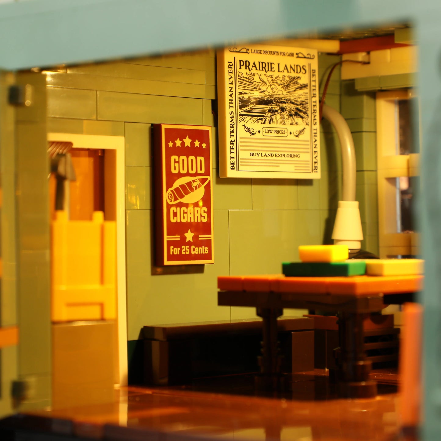 Lumibricks (Formerly Funwhole) F9057 General Store interior with illuminated Good Cigars and Prairie Lands signs, and office desk