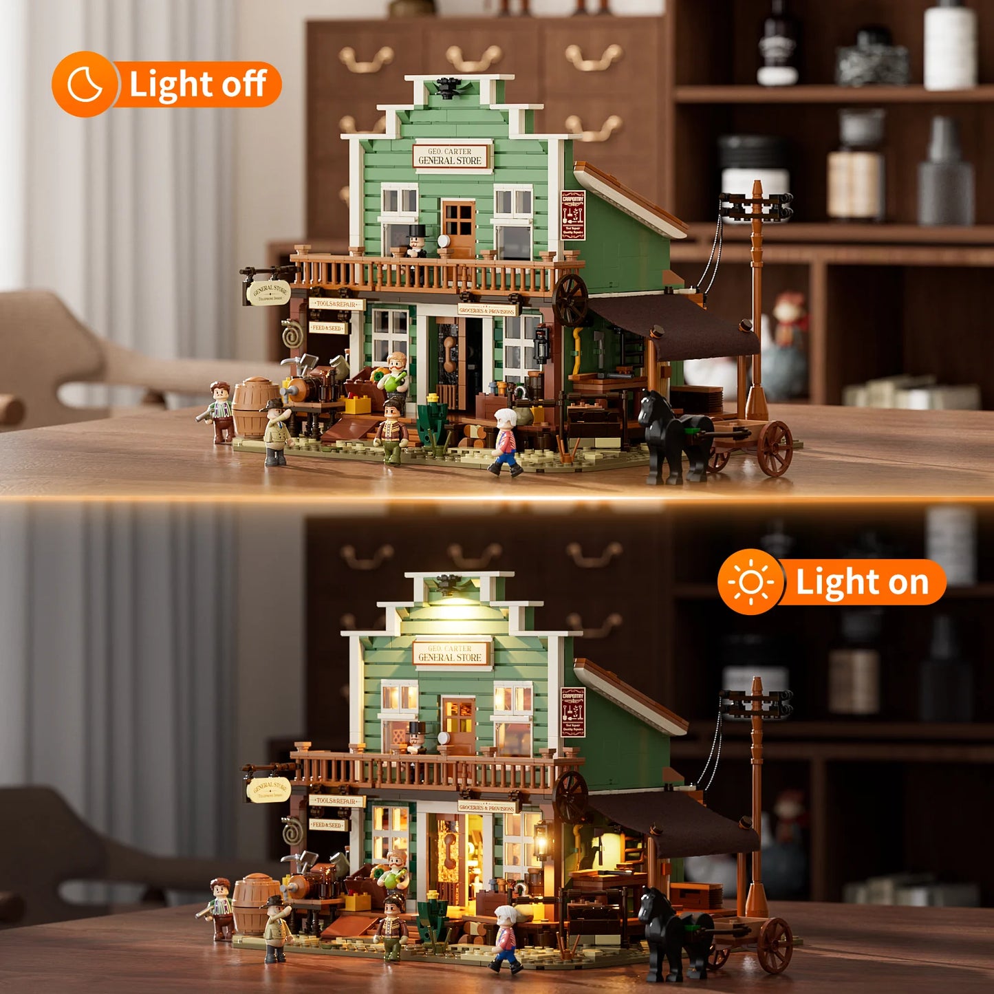 Lumibricks (Formerly Funwhole) F9057 General Store with LED lights on and off, showing illuminated windows and Western details