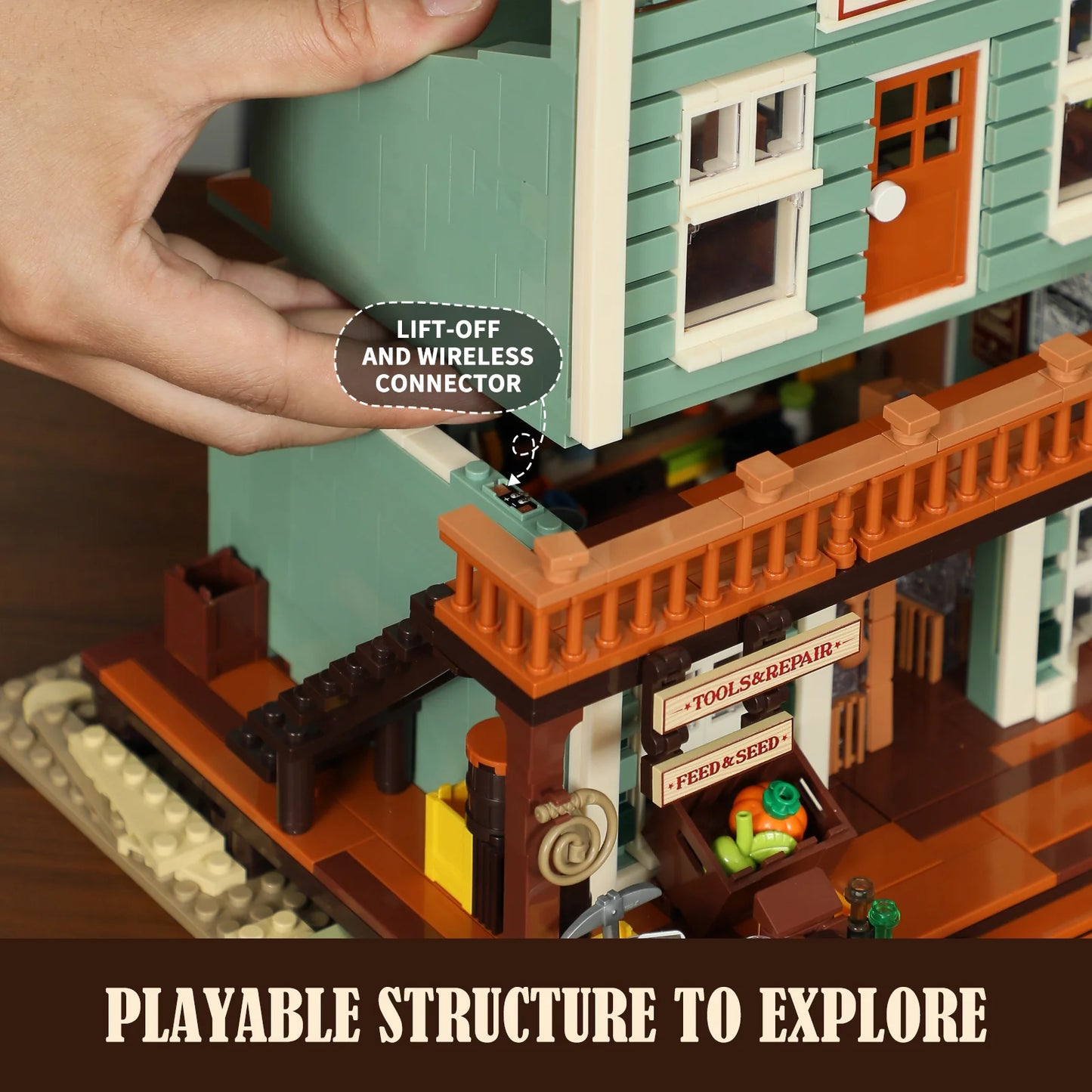 Lumibricks (Formerly Funwhole) F9057 General Store modular building with lift-off upper floor and wireless connector for easy play