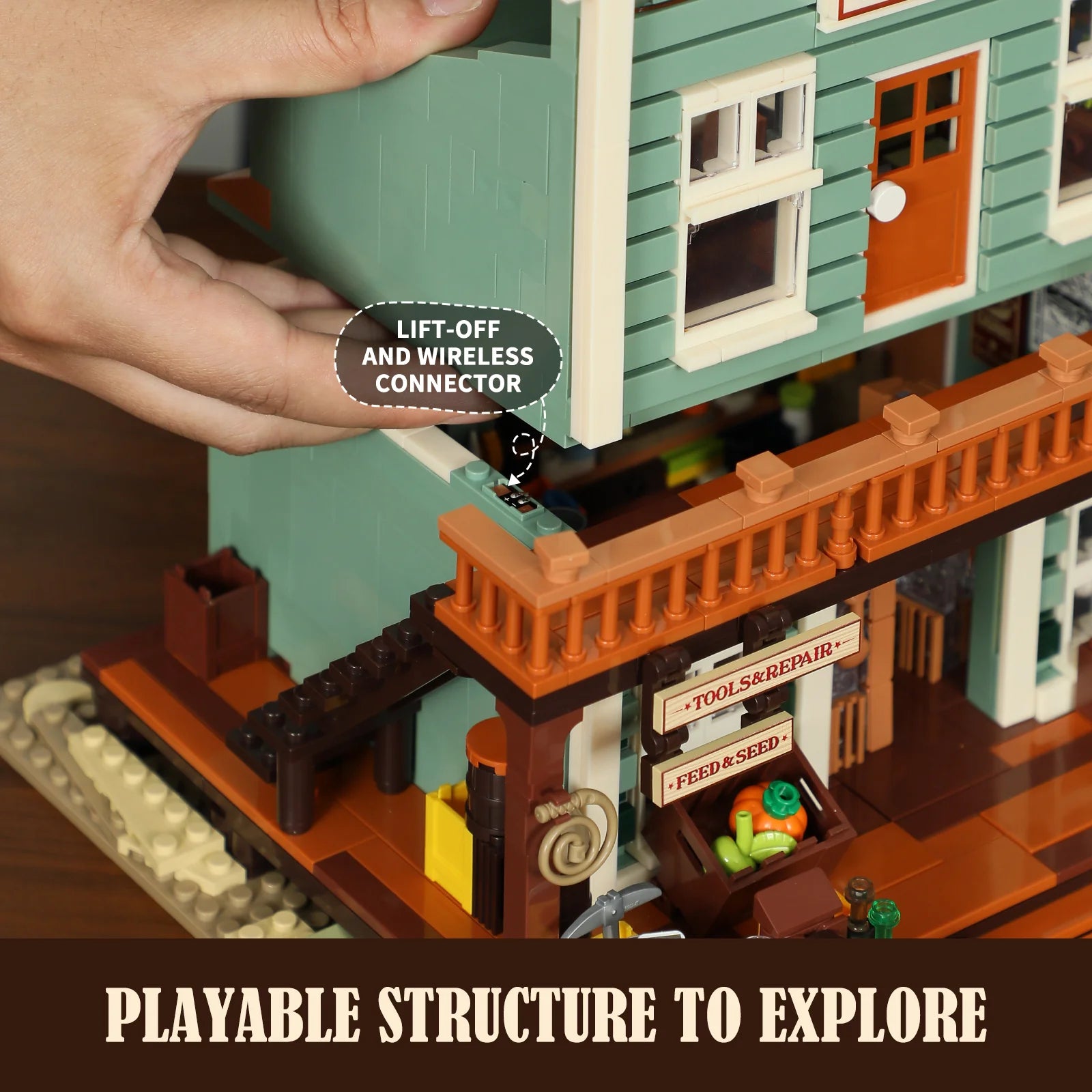 Lumibricks (Formerly Funwhole) F9057 General Store modular building with lift-off upper floor and wireless connector for easy play