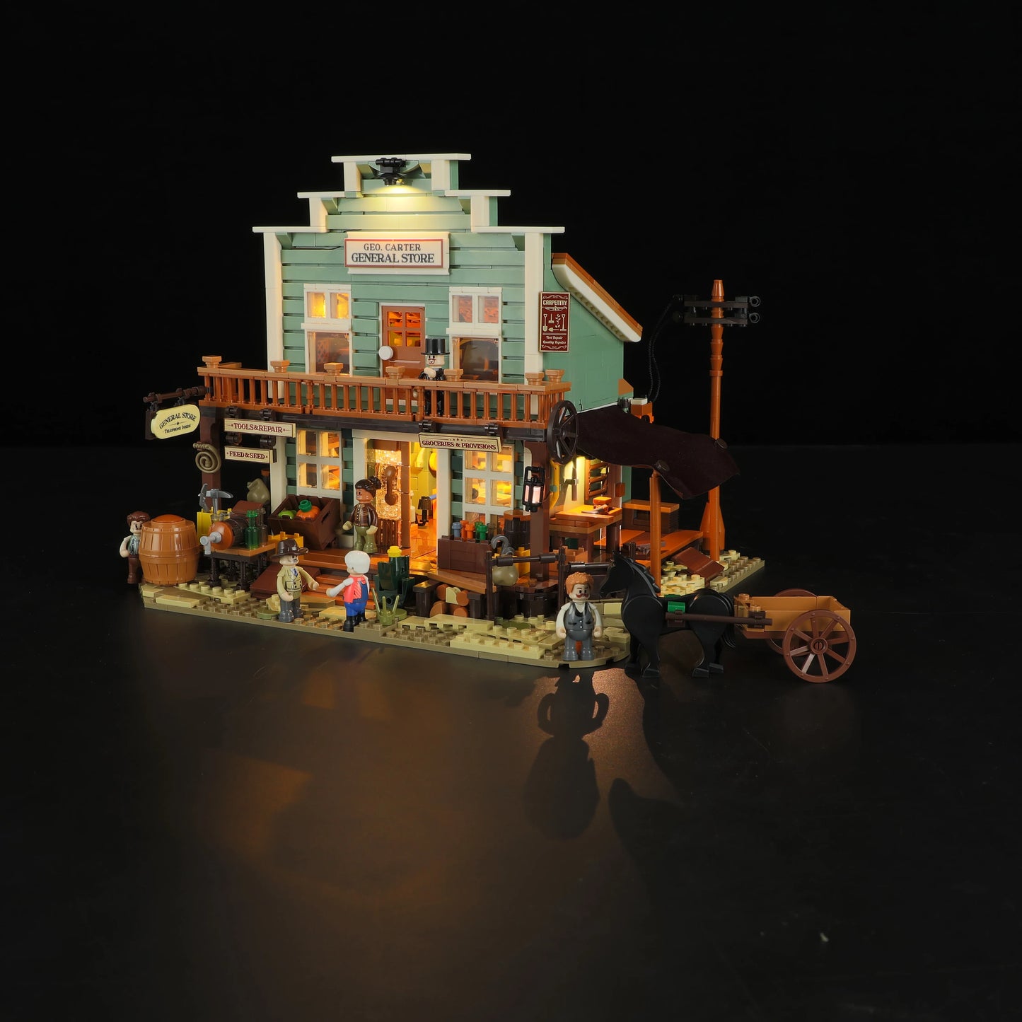 Lumibricks (Formerly Funwhole) F9057 General Store street scene with minifigures, horse, wagon, and illuminated shop exterior