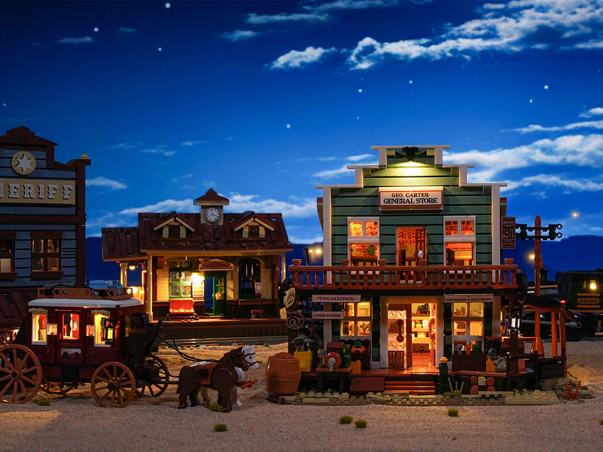 Lumibricks (Formerly Funwhole) F9057 General Store Western town at night with LED lights, illuminated windows, and stagecoach