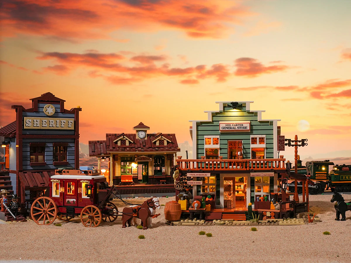 Lumibricks (Formerly Funwhole) F9057 General Store Western town display at sunset with sheriff, train station, and stagecoach