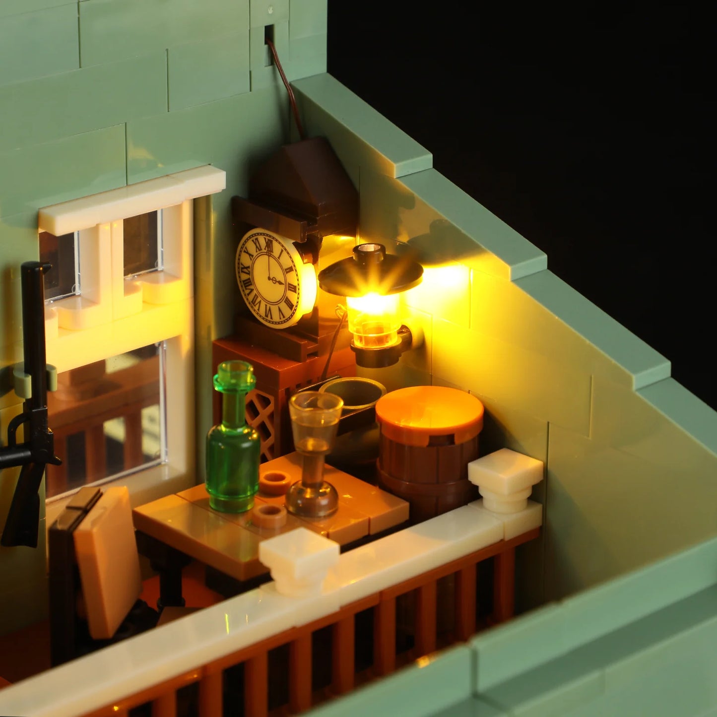 Lumibricks (Formerly Funwhole) F9057 General Store upstairs room with glowing lamp, clock, bottles, and rustic Western decor