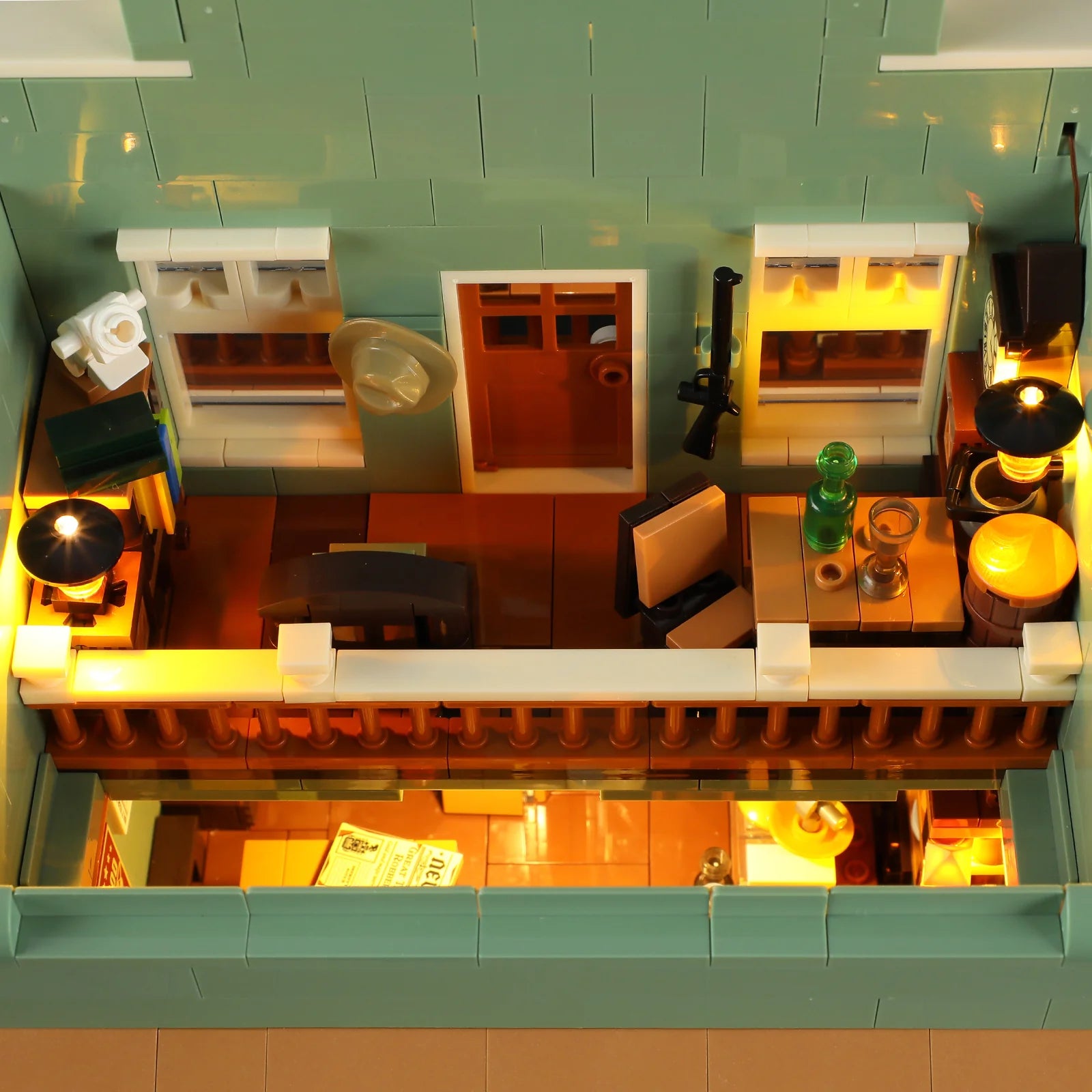 Lumibricks (Formerly Funwhole) F9057 General Store upstairs office with illuminated desk, books, and Western decor