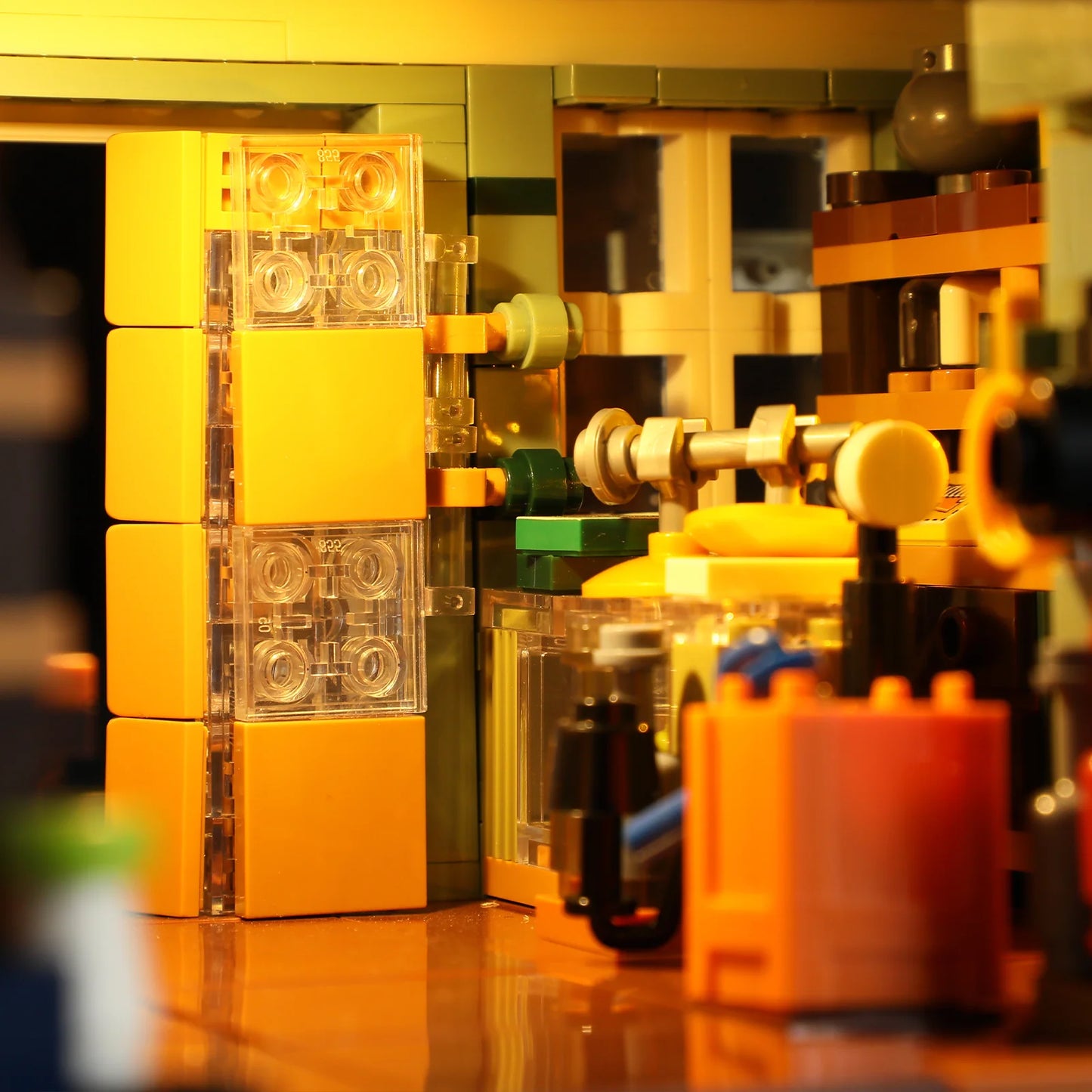 Lumibricks (Formerly Funwhole) F9057 General Store workbench close-up with illuminated tools, safe, and Western shop details