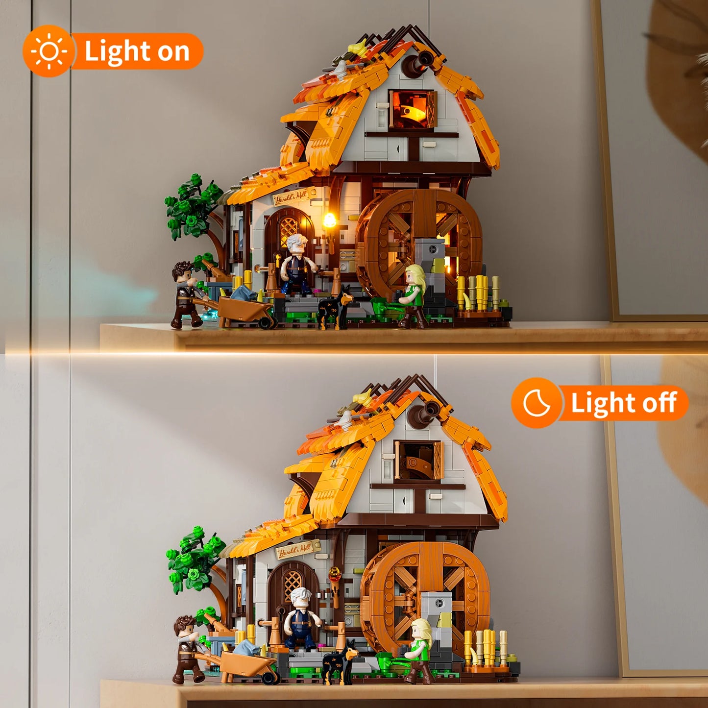 Lumibricks (Formerly Funwhole) F9061 Medieval Water Mill with LED lights on and off, modular building, waterwheel, and minifigures
