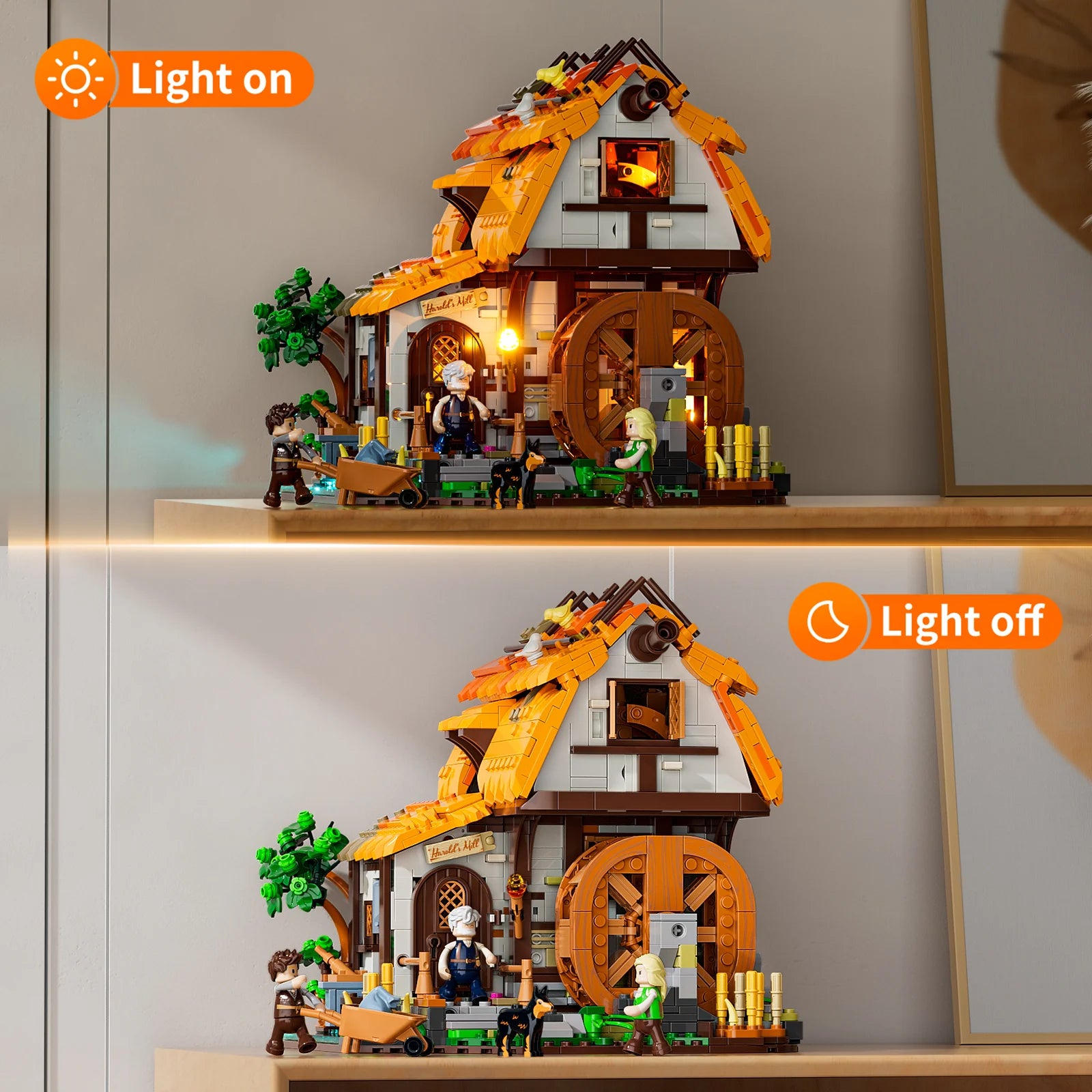 Lumibricks (Formerly Funwhole) F9061 Medieval Water Mill with LED lights on and off, modular building, waterwheel, and minifigures
