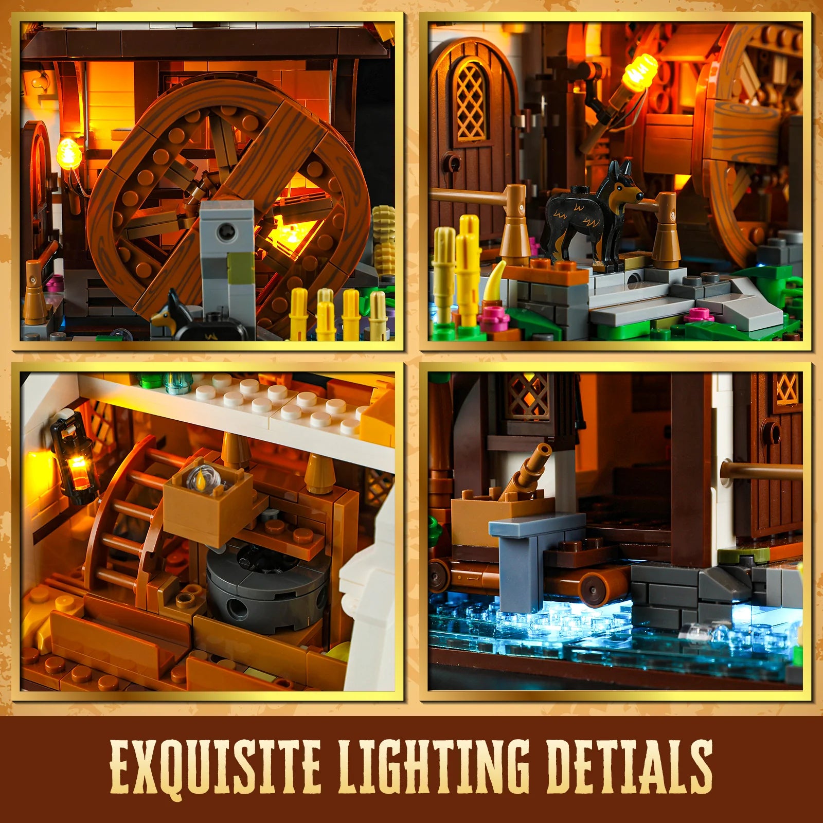 Lumibricks (Formerly Funwhole) F9061 Medieval Water Mill close-ups of illuminated waterwheel, lanterns, and detailed mill interior