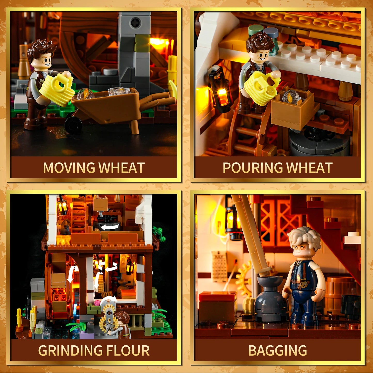 Lumibricks (Formerly Funwhole) F9061 Medieval Water Mill showing moving wheat, pouring wheat, grinding flour, and bagging scenes