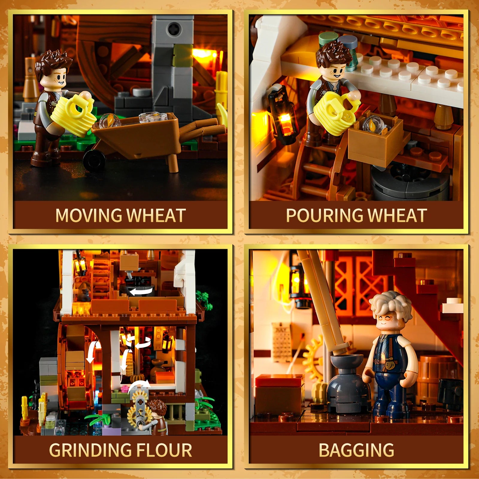 Lumibricks (Formerly Funwhole) F9061 Medieval Water Mill showing moving wheat, pouring wheat, grinding flour, and bagging scenes