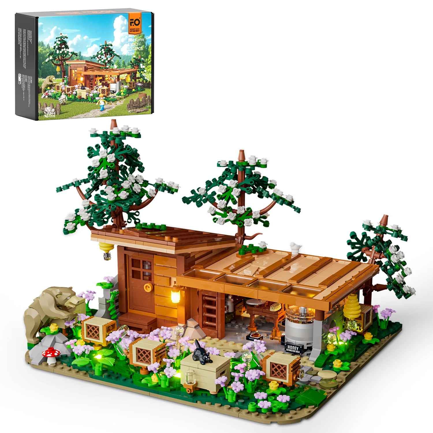 Lumibricks (Formerly Funwhole) F9062 Bee Farm set with box, modular beekeeping building, trees, bear, and blooming flower garden