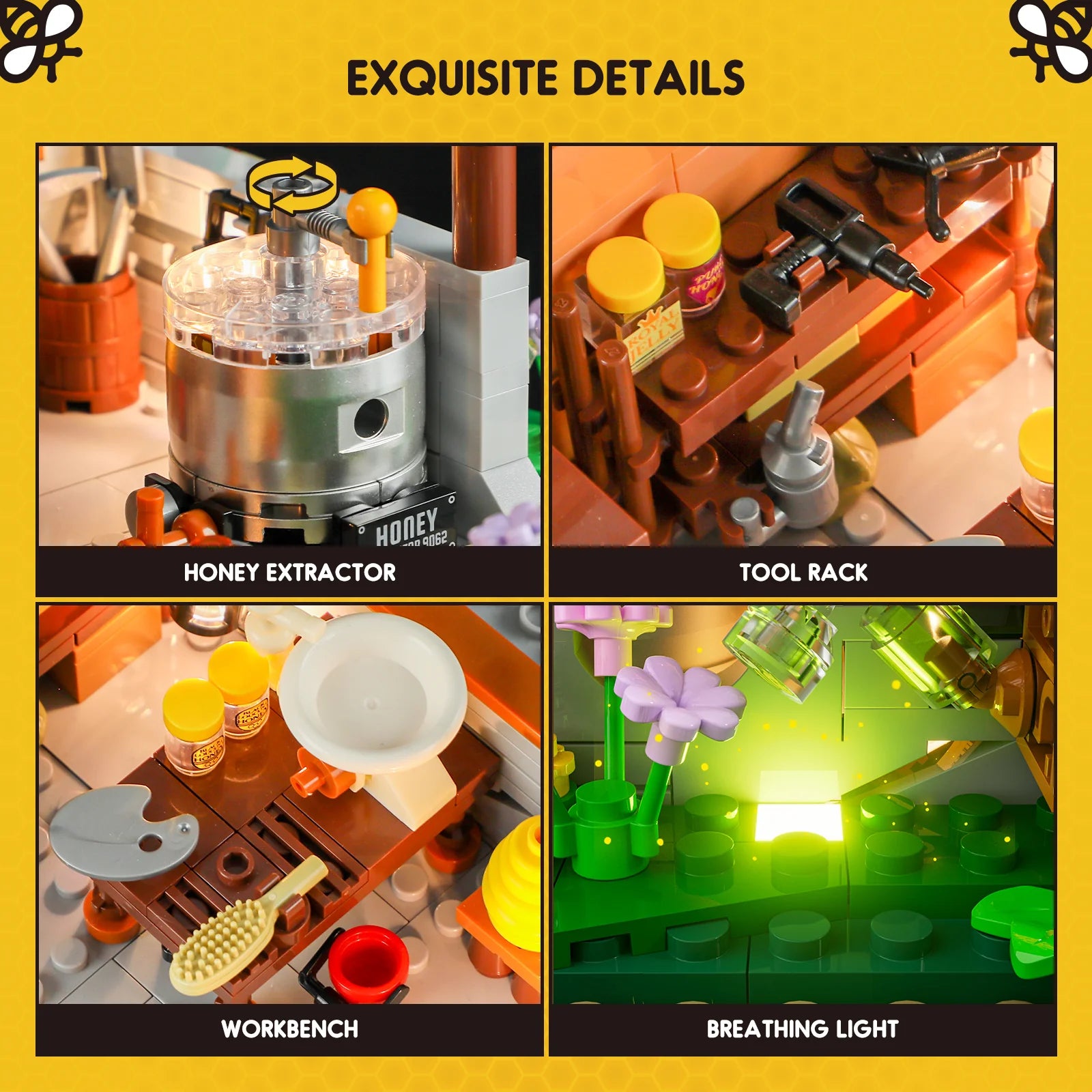 Lumibricks (Formerly Funwhole) F9062 Bee Farm close-ups of honey extractor, tool rack, workbench, and breathing light flower garden