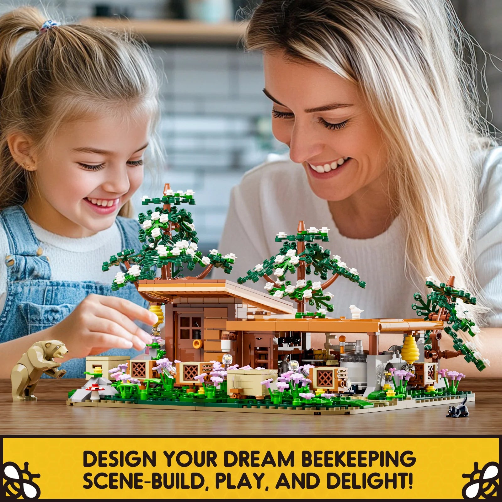 Lumibricks (Formerly Funwhole) F9062 Bee Farm family building and playing with modular beekeeping set, trees, and bear figure