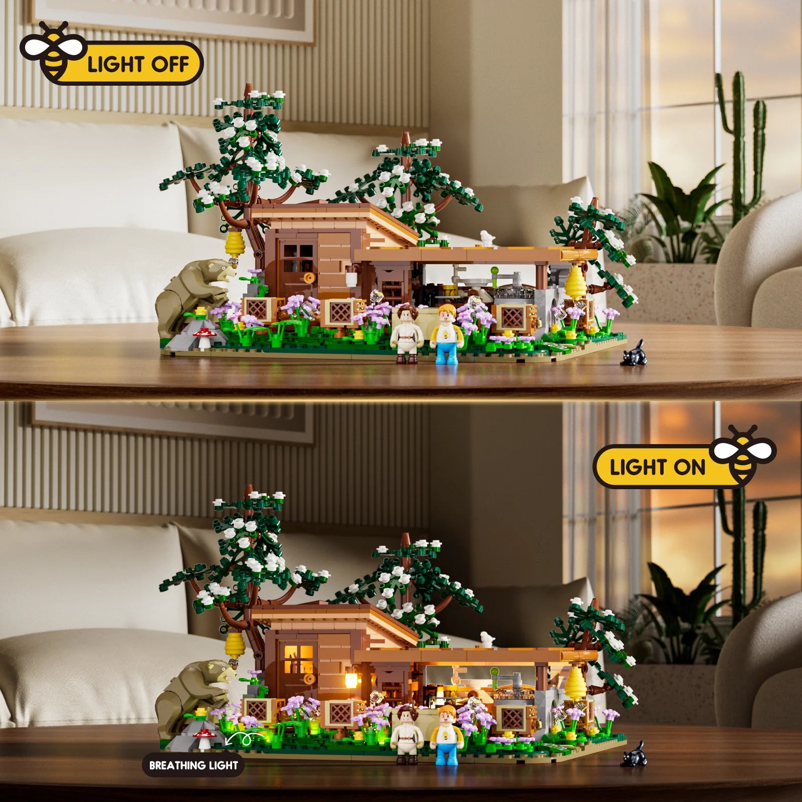 Lumibricks (Formerly Funwhole) F9062 Bee Farm with LED lights off and on, illuminated windows, minifigures, and blooming garden