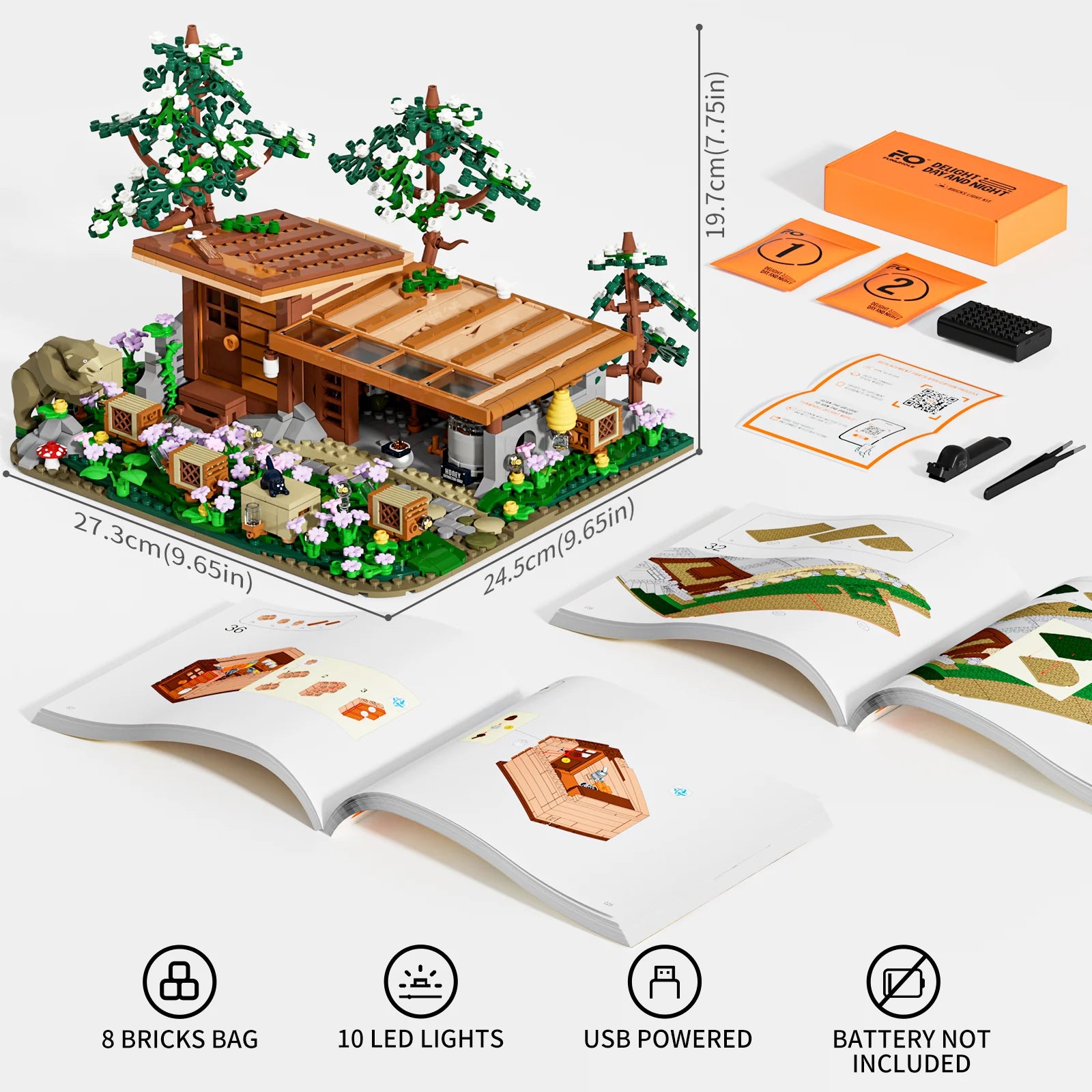 Lumibricks (Formerly Funwhole) F9062 Bee Farm set with modular beekeeping building, 8 brick bags, 10 LED lights, USB kit, and instructions