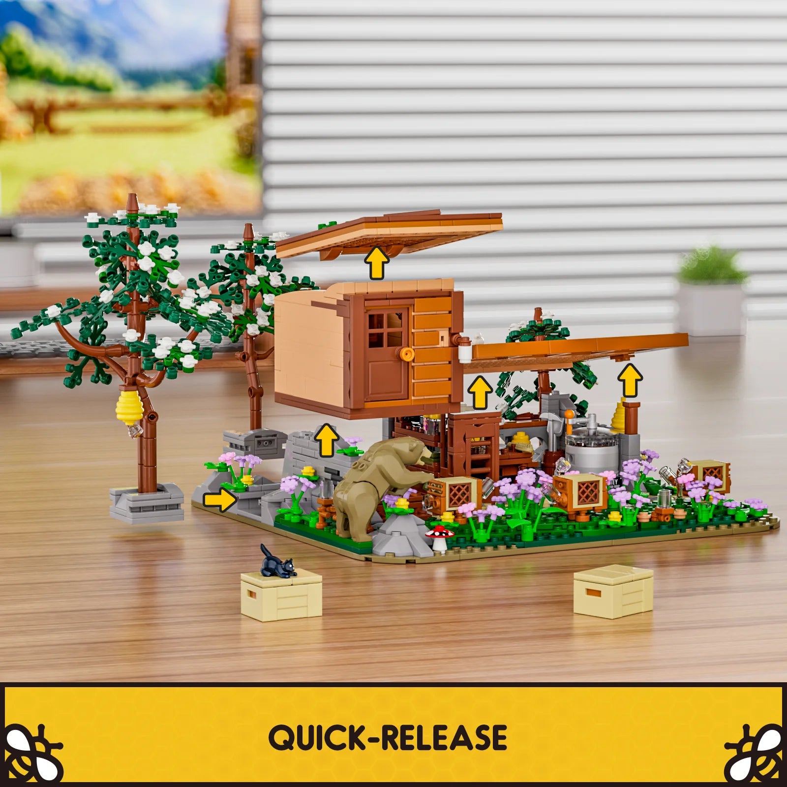 Lumibricks (Formerly Funwhole) F9062 Bee Farm modular set with quick-release roof and walls, bear figure, trees, and flower beds