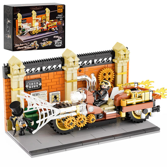 Lumibricks F9067 Steampunk Motorcycle Pursuit set with steampunk motorcycle, minifigures, and brick-built wall display