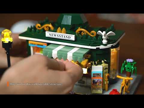 Official Lumibricks (formerly Funwhole) F9023 Newsstand promo video showing modular newsstand build, minifigure, and lighting