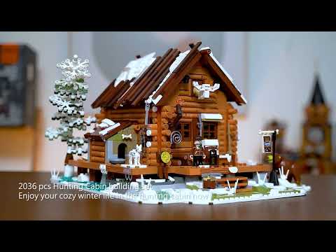 Funwhole Hunting Cabin set with LED lights, rustic log cabin design, winter scenery, and detailed mini-figures for immersive play
