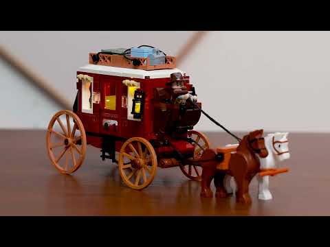 Lumibricks (Formerly Funwhole) F9052 Western Stagecoach video review featuring classic red stagecoach, horses, cowboy minifigure, illuminated lanterns, and authentic Old West mail details.