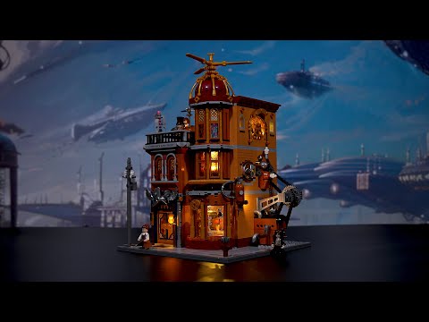 Official Lumibricks (formerly Funwhole) F9050 Steampunk Flying Club promo video featuring modular Victorian flying club with LED lights and mechanical details