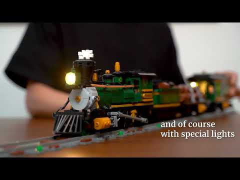 Lumibricks (Formerly Funwhole) F9036 Western Freight Train video review featuring modular steam locomotive, freight cars, six minifigures, built-in LED lighting, and authentic Wild West details