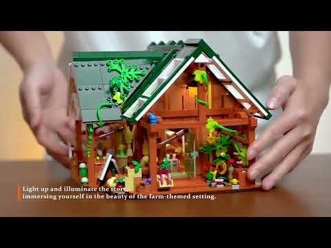 Funwhole Farm Store video showcasing a detailed brick-built farm shop with LED lights, realistic accessories, and charming scenery.