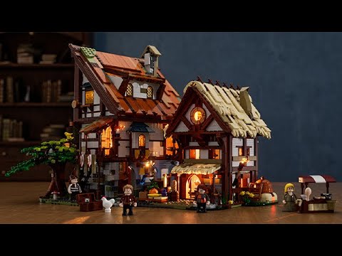Lumibricks (Formerly Funwhole) F9015 Medieval Market video review featuring modular medieval buildings, illuminated interiors, minifigures, bakery, and armory shop.