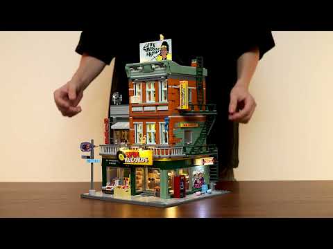 Funwhole Record Store video showcasing Spin Records building set with LED lights, detailed interiors, and mini-figures in action.