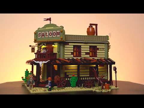 Funwhole (Lumibricks) F9021 Western Saloon video review featuring modular Old West saloon building, illuminated chandelier, bar, swinging doors, minifigures, and detailed interior play features