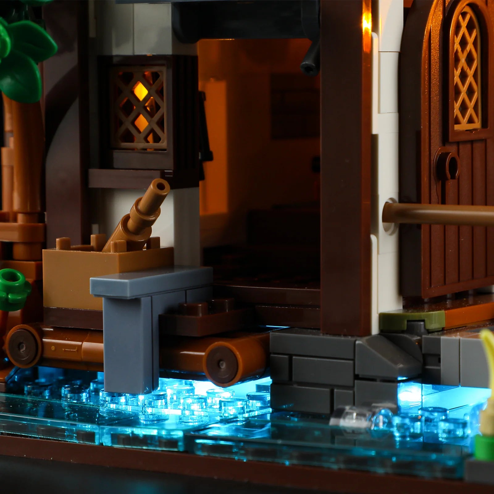 Lumibricks (Formerly Funwhole) F9061 Medieval Water Mill with blue-lit stream, wooden cart, and glowing windows at night