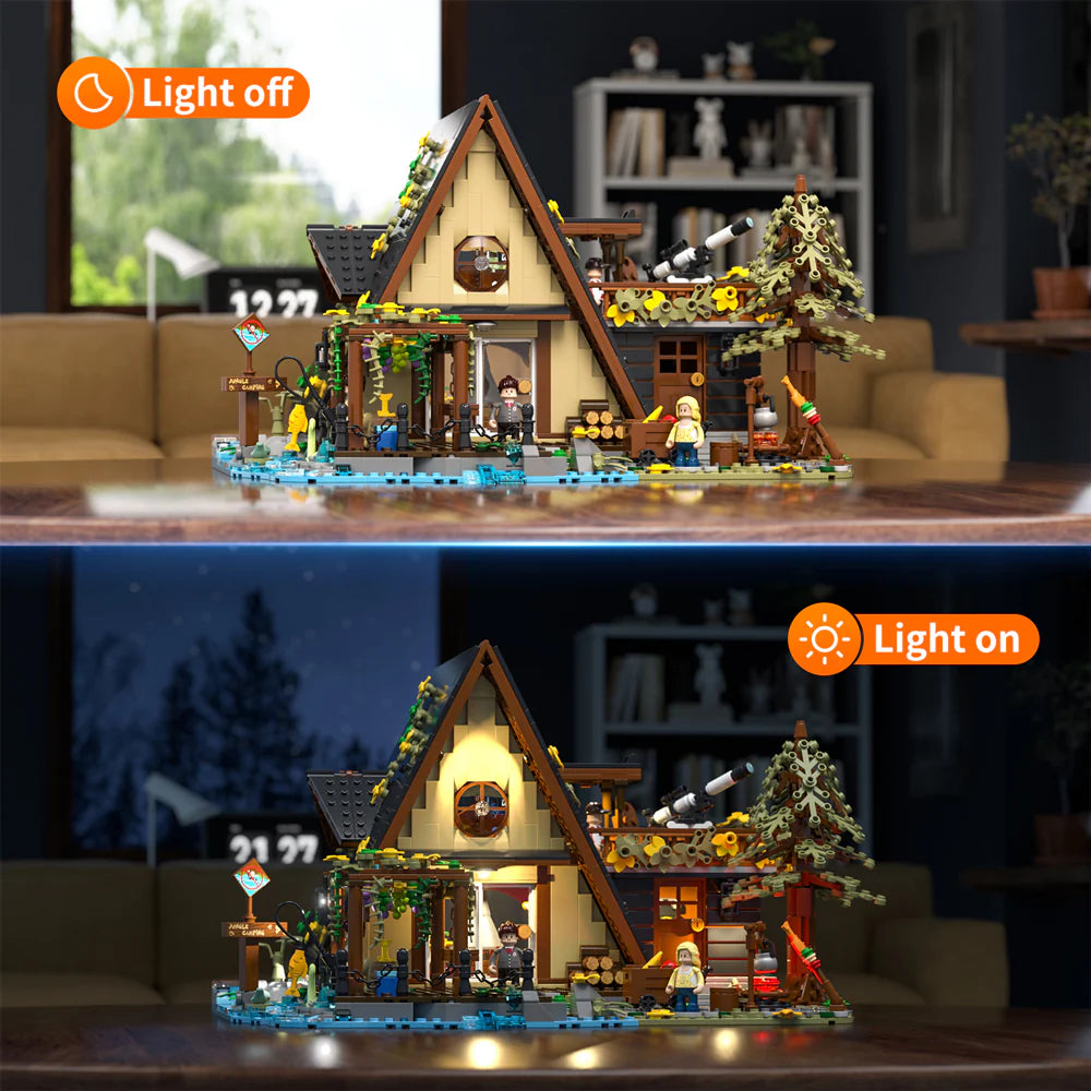 Funwhole A-Frame Cabin set with day and night lighting comparison, showcasing its detailed design and immersive illumination
